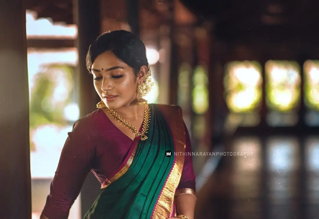 Malayalam Actress Rajisha Vijayan in Green Saree Maroon Blouse